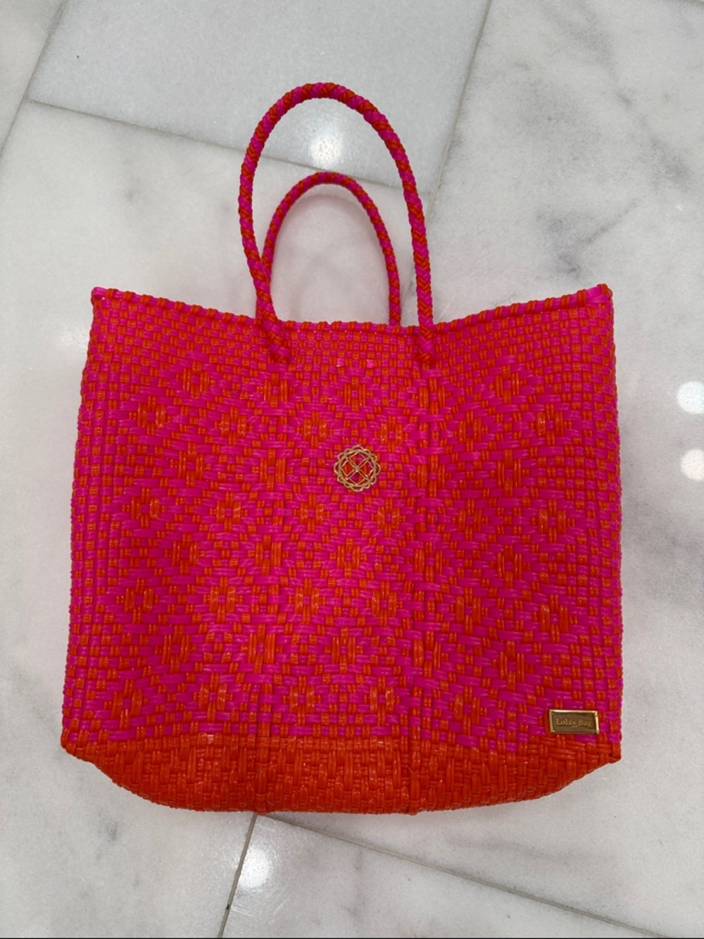 Pink and Orange Woven Tote Bag with Gold Accent